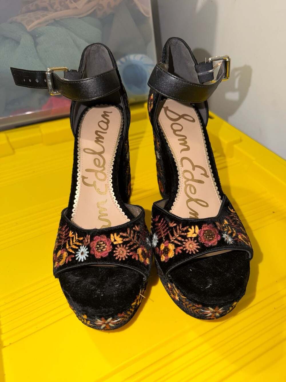 Sam Edelman Marsha Black Velvet Floral Embroidered Platform Ankle Strap Sandals